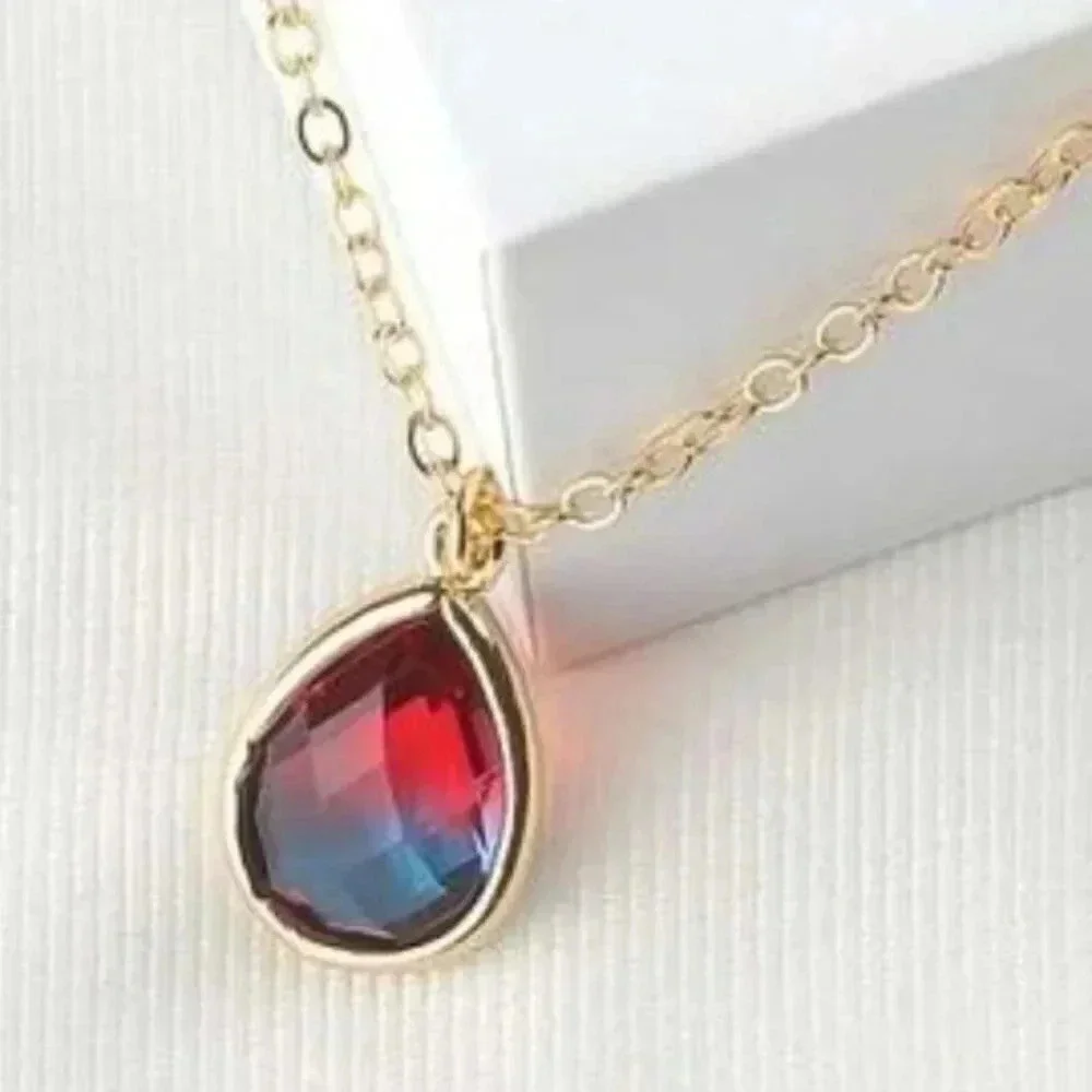 Ombre Crystal Teardrop Pendant Necklace Red Blue - Picture 3 of 4